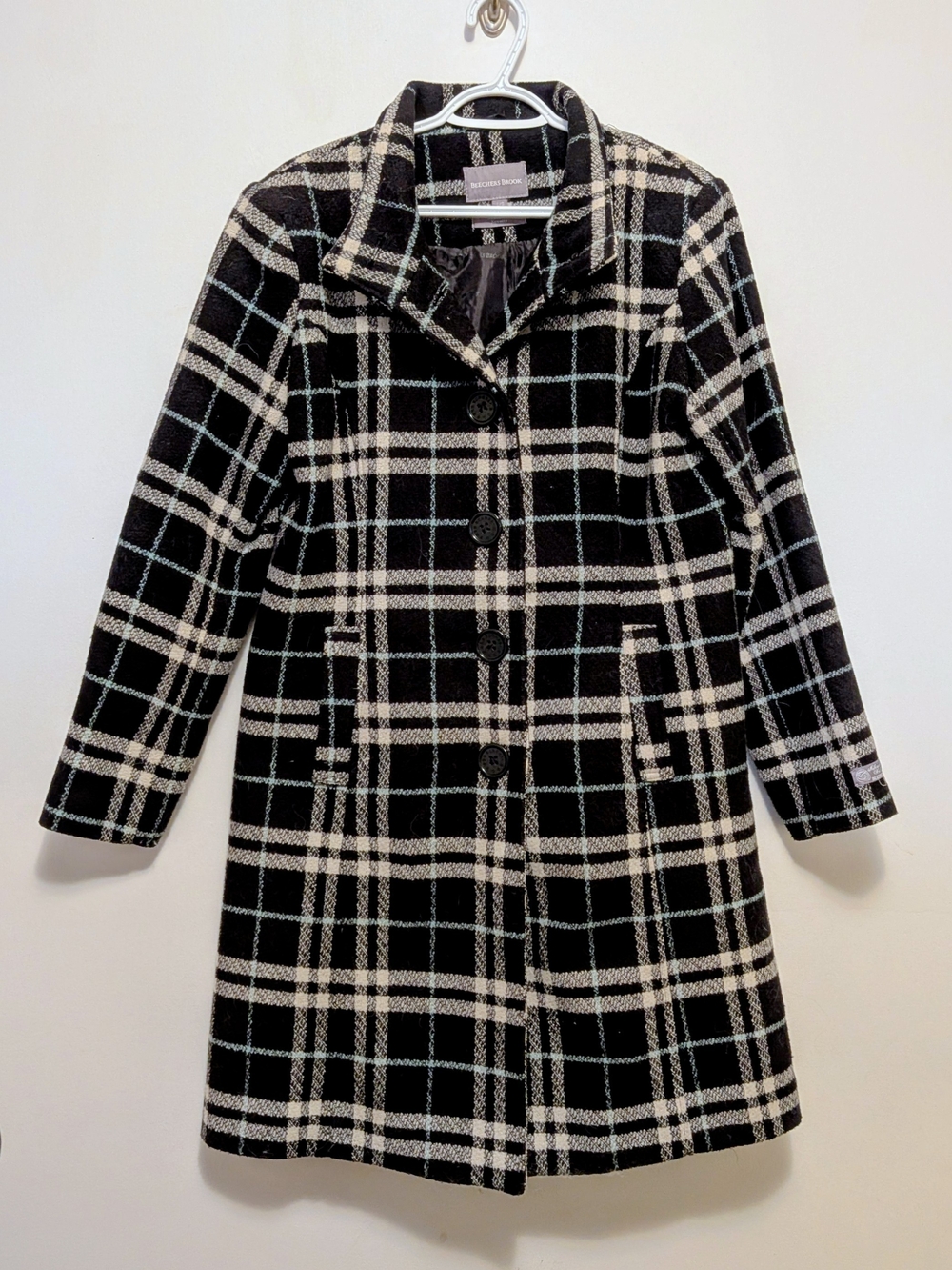 Plaid Button‑Front Pea Coat in Black, White & Light Blue